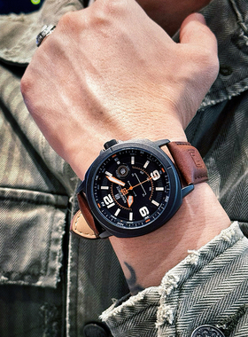 领翔naviforce男士军迷飞行员复古皮带防水手表考试可戴石英表男