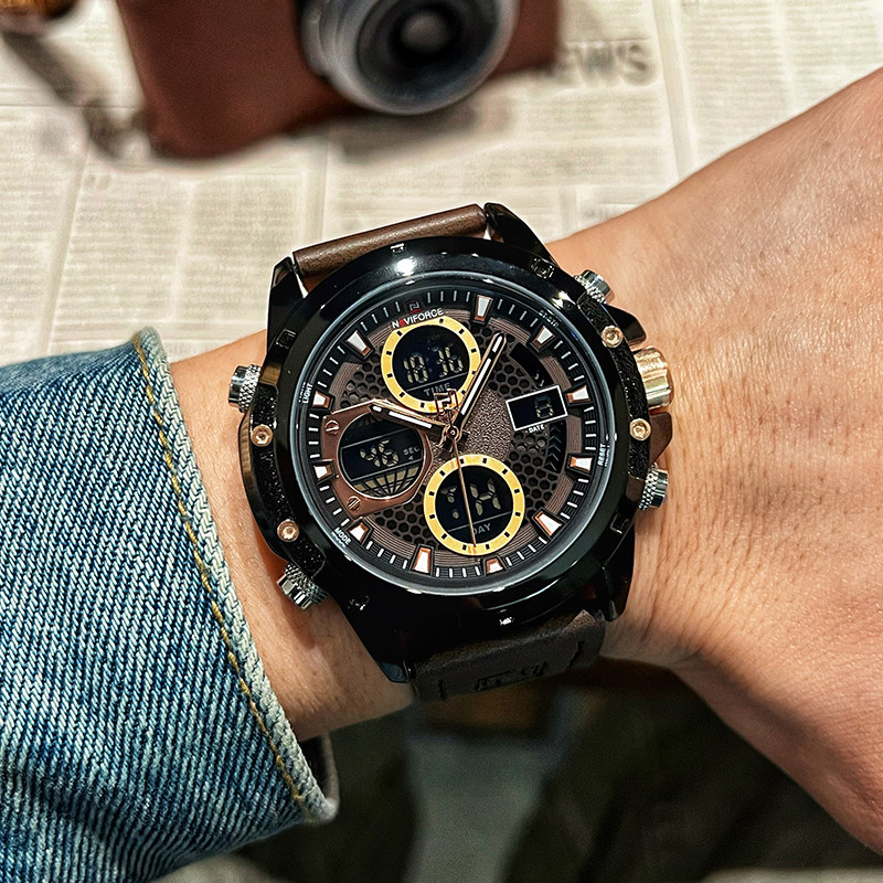 领翔新款复古军迷风户外工装休闲皮带表双显多功能防水夜光手表男