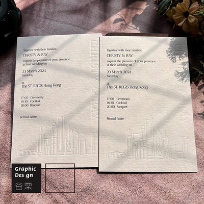 Letterpress600g棉纸简约手绘建筑高端喜帖婚礼请柬定制设计印刷