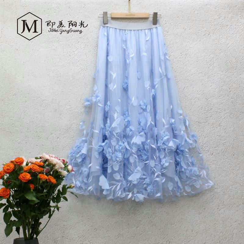 高档立体花朵绣花裙蓝色仙女长裙