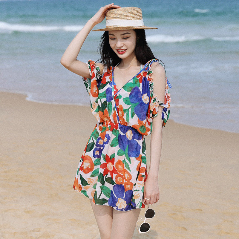 罩衫泳衣女夏防晒比基尼三件套大码胖mm遮肚宽松甜美游泳女士泳装