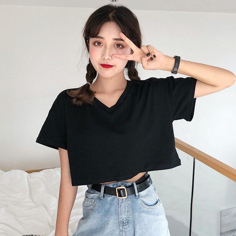 summer Korean Edition Easy V. have cash less than that is registered in the accounts Navel Short sleeved Women's wear black Base coat jacket Show thinin the Women's clothing/Boutique , T-shirt  category - from Buy2taobao.com to provide professional Taobao agent buy service
