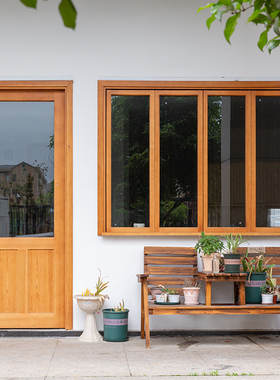 纯原木实木定制进户门实木左右推拉窗咖啡店奶茶店原木风