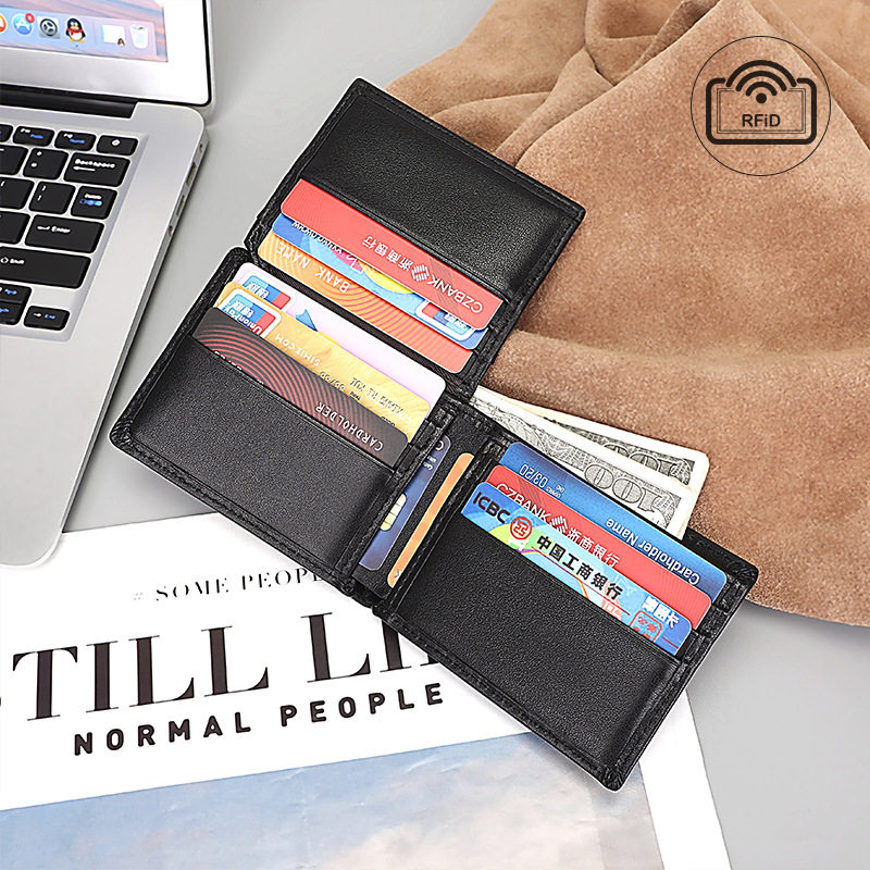 男士真皮钱包头层牛皮短款RFID防盗刷多卡位卡包美金夹皮夹零钱袋