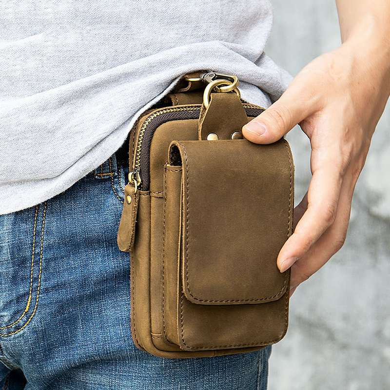 复古腰包头层牛皮腰带包男士干活工地穿皮带竖款真皮多功能手机包