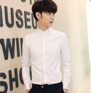 款 白色修身 丝滑亮面纯色刺绣衬衣青年休闲时尚 工装 男长袖 寸衫 衬衫