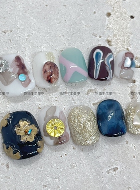 黑金花朵高级感纯手工穿戴甲短款美甲贴片可拆卸假指甲显白高级感