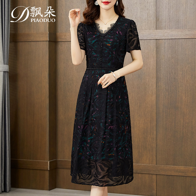 杭州刺绣真丝连衣裙女2024年夏季新款高端品牌气质桑蚕丝妈妈裙子