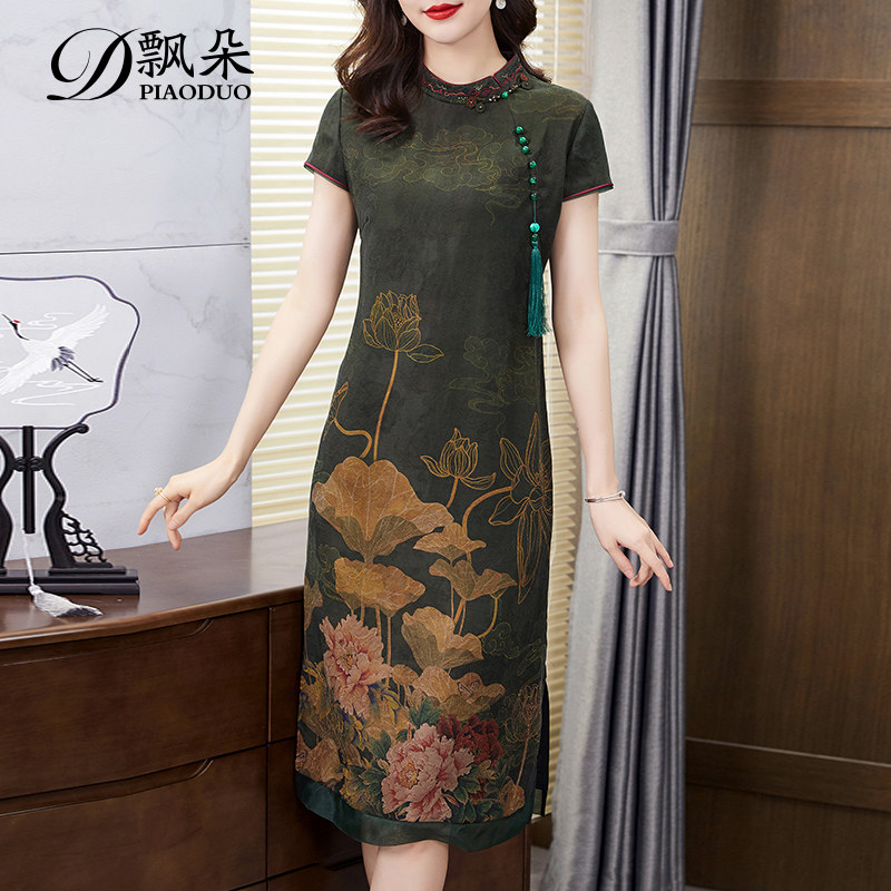 飘朵花罗香云纱连衣裙