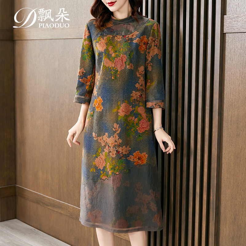 专柜香云纱真丝连衣裙女2024春夏新款高端品牌桑蚕丝中年妈妈裙子