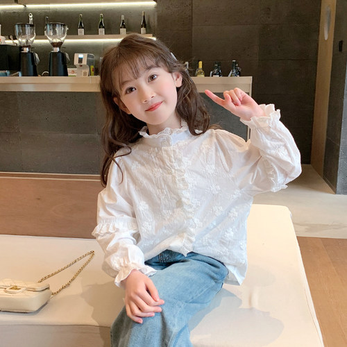 鱼儿妈女童长袖衬衫2025春装新款儿童中大童女孩白衬衣娃娃衫上衣