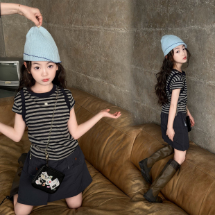 高弹力女童T恤 条纹假2件修身 2026新款 韩版