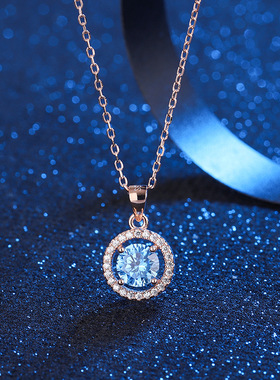 S925纯银圆形宝石吊坠项链女轻奢