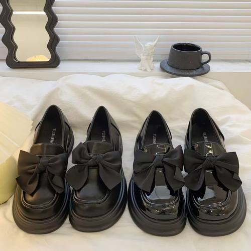 黑色乐福鞋女新款夏小众蝴蝶结厚底英伦风小皮鞋复古鞋子单鞋女鞋