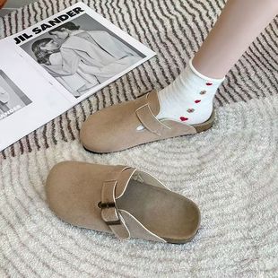 平底勃肯包头半拖 绒面厚底一脚蹬懒人鞋 博肯鞋 女复古2024春夏新款