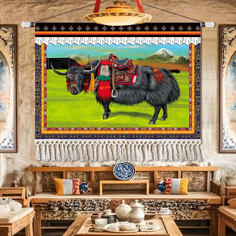 藏式牦牛藏铃羊西藏风景挂画客餐厅饭店民宿装饰画帐篷挂布挂毯图片