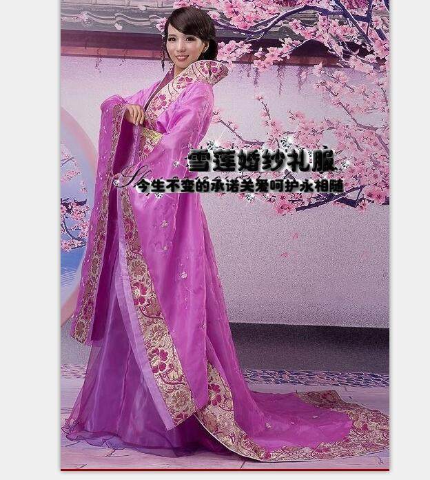 影视拍照服仙女装贵妃戏服皇后拖尾表演出服紫色汉服古装新娘服装