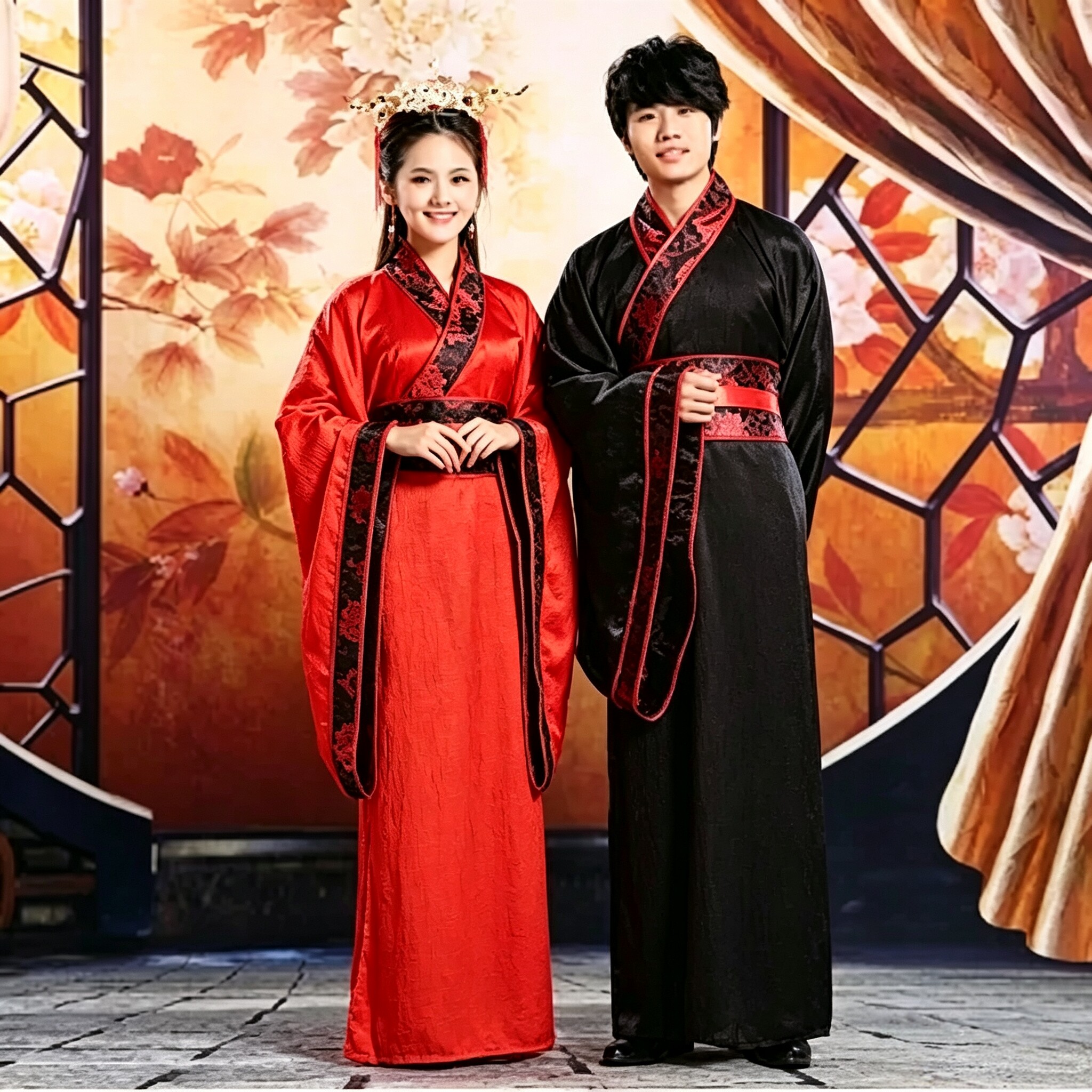 男女中式红色新郎结婚服汉朝古装