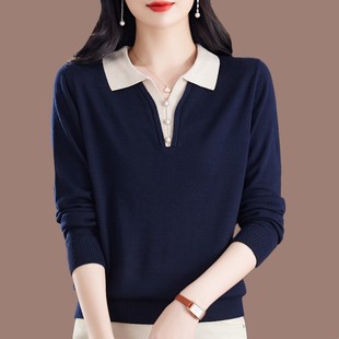 中年妈妈长袖 t恤女春秋新款 气质polo领桑蚕丝针织上衣薄款 打底衫