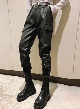 皮裤女外穿高腰显瘦宽松黑色哈伦裤女春秋冬季新款萝卜裤束脚长裤