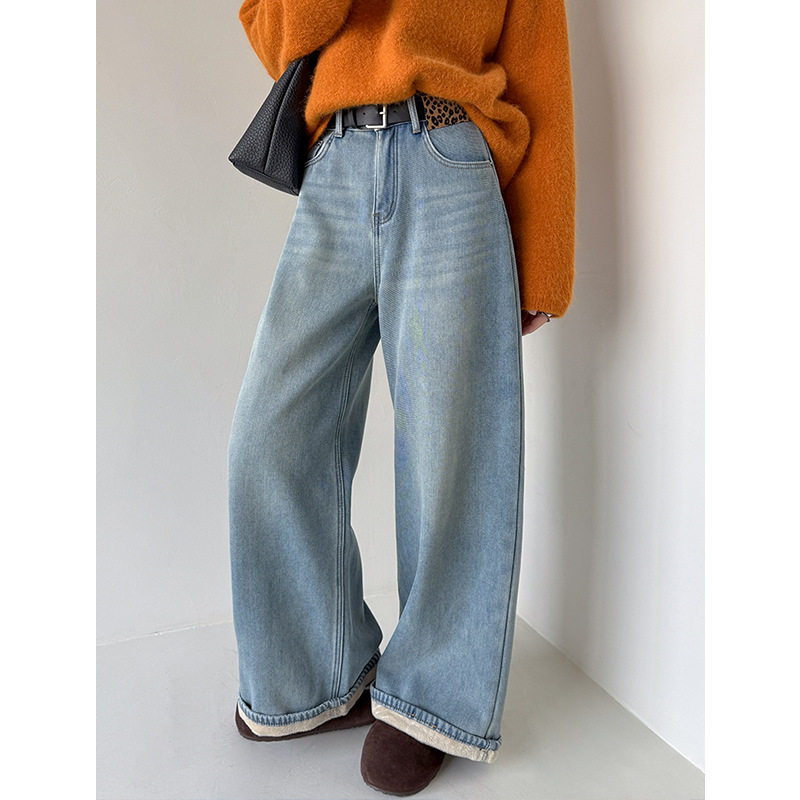 高级感阔腿牛仔裤女2025新款垂感冬季新款加厚显瘦拖地直筒长裤