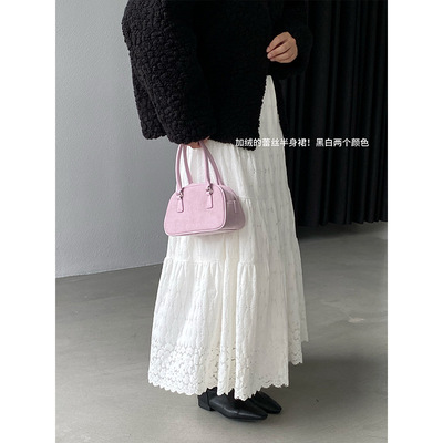 半身裙女2025新款时尚洋气爆款冬加厚米白蕾丝长款显瘦A字裙长裙