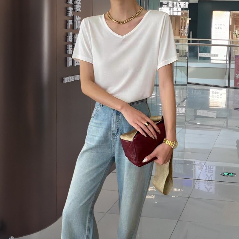t恤女款2025新款爆款小个子短袖面凉感垂丝滑纯色V领百搭短袖打底