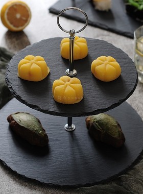 欧式双层板岩黑色蛋糕架咖啡厅甜品盘厨房西餐厅点心盘子水果摆盘