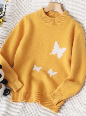 儿童羊绒衫双股加厚女童半高领蝴蝶图针织打底衫中大童羊毛衫毛衣