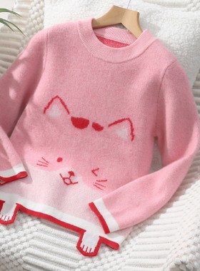 儿童羊绒衫女童厚款卡通小猫肩扣领打底衫男童卡通小鹿羊毛衫毛衣