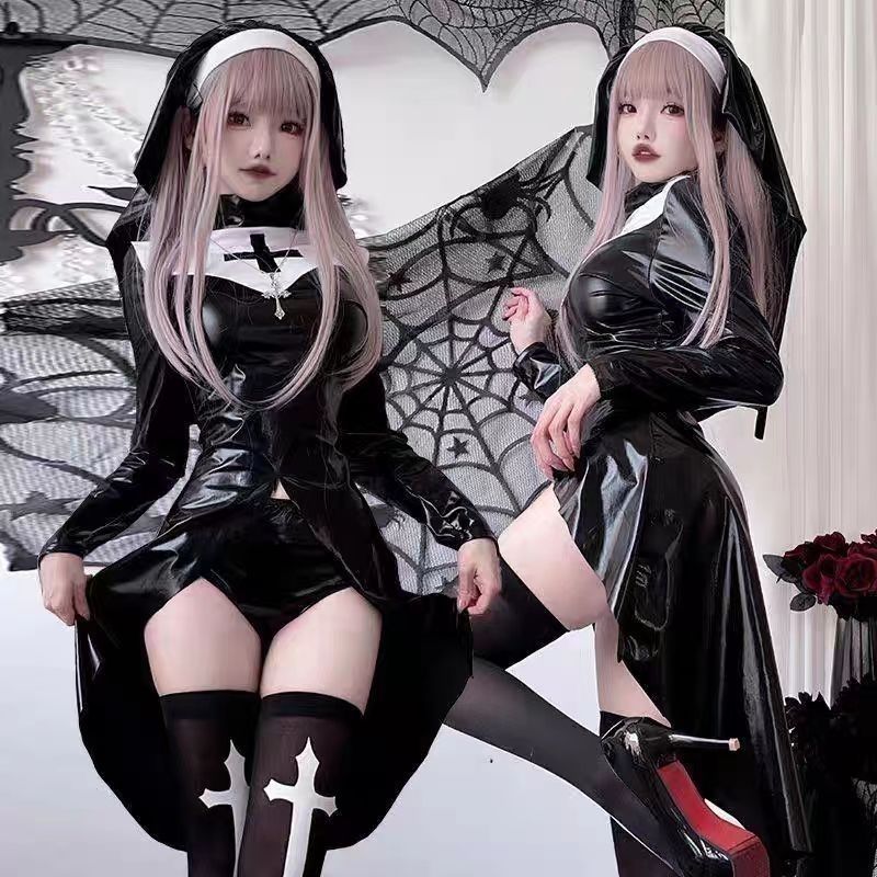 今夜无眠 祷告吧修女!漆皮紧身cos修女服哥特风十字架cos女装