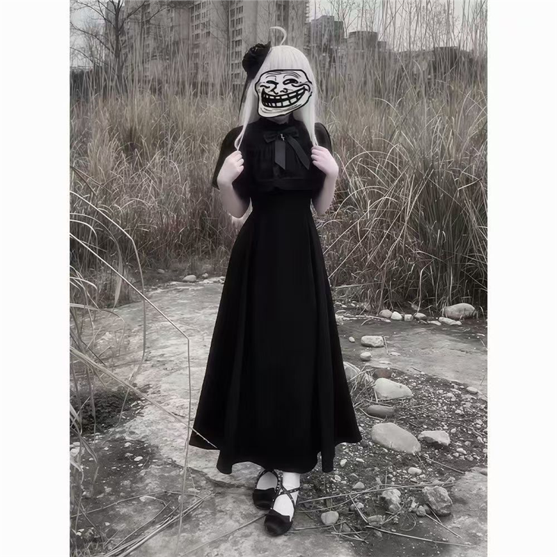 日系哥特风法式复古黑色cos服显瘦斗篷长款连衣裙女