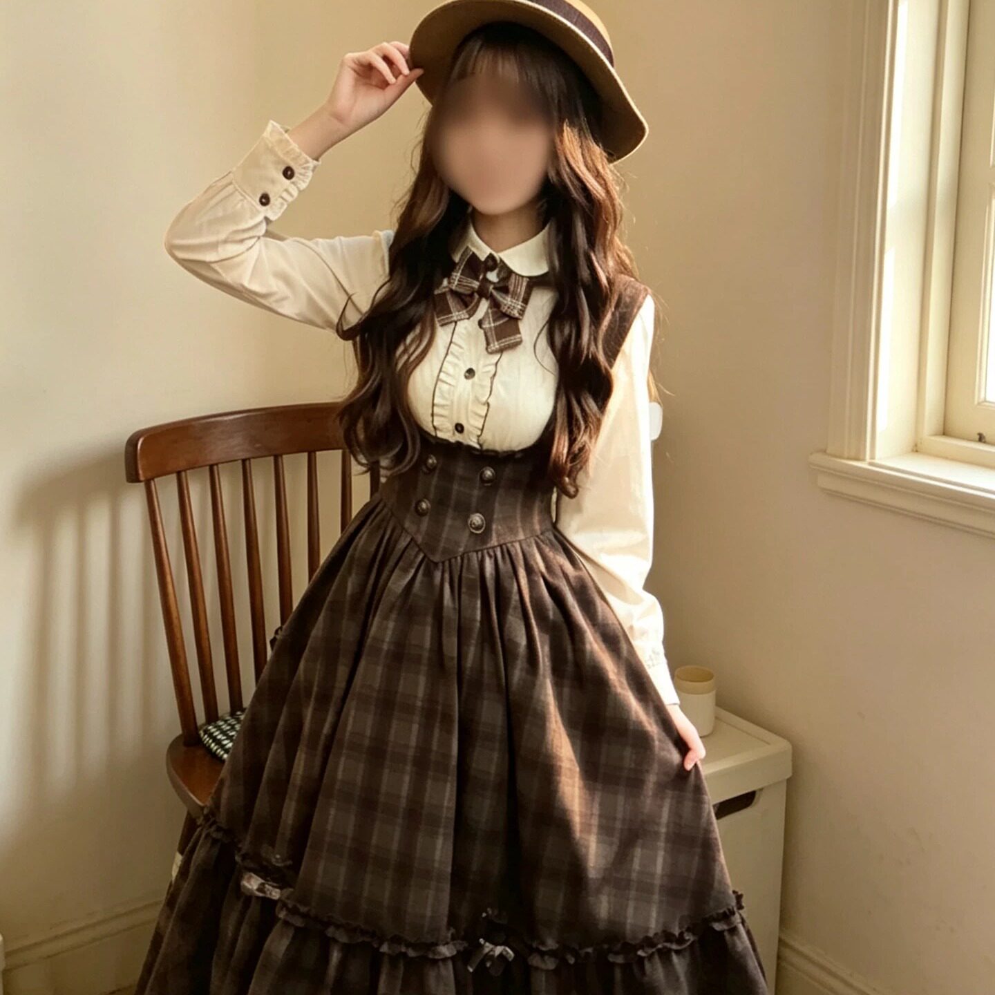 复古格纹洛丽塔jsk背带裙学院风