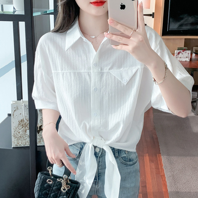 下摆打结设计感白色短袖女T恤