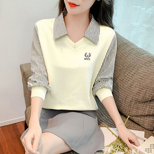 宽松条纹拼接上衣卫衣打底衫 春装 T恤女2026年新款 假两件纯棉长袖