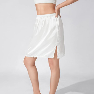 外贸夏新款女缎面拼接蕾丝内衬裙防静电单侧开叉半身裙欧美打底黑