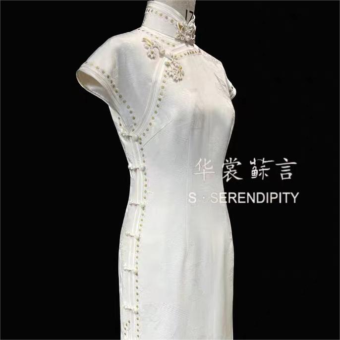 华裳苏言 新款白色气质正绢旗袍 （孤品）