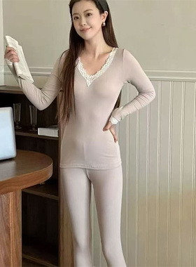枫之欣6688羊毛蚕丝蕾丝v领保暖套装内衣女修身2025新款秋衣裤冬