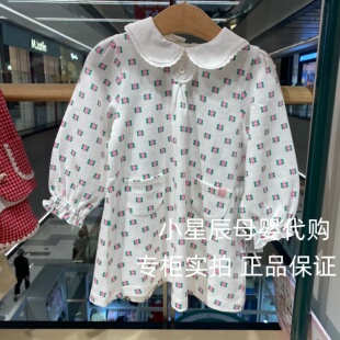 moimoln韩国小云朵26春款新款女童白色印花连衣裙翻领长袖裙子399