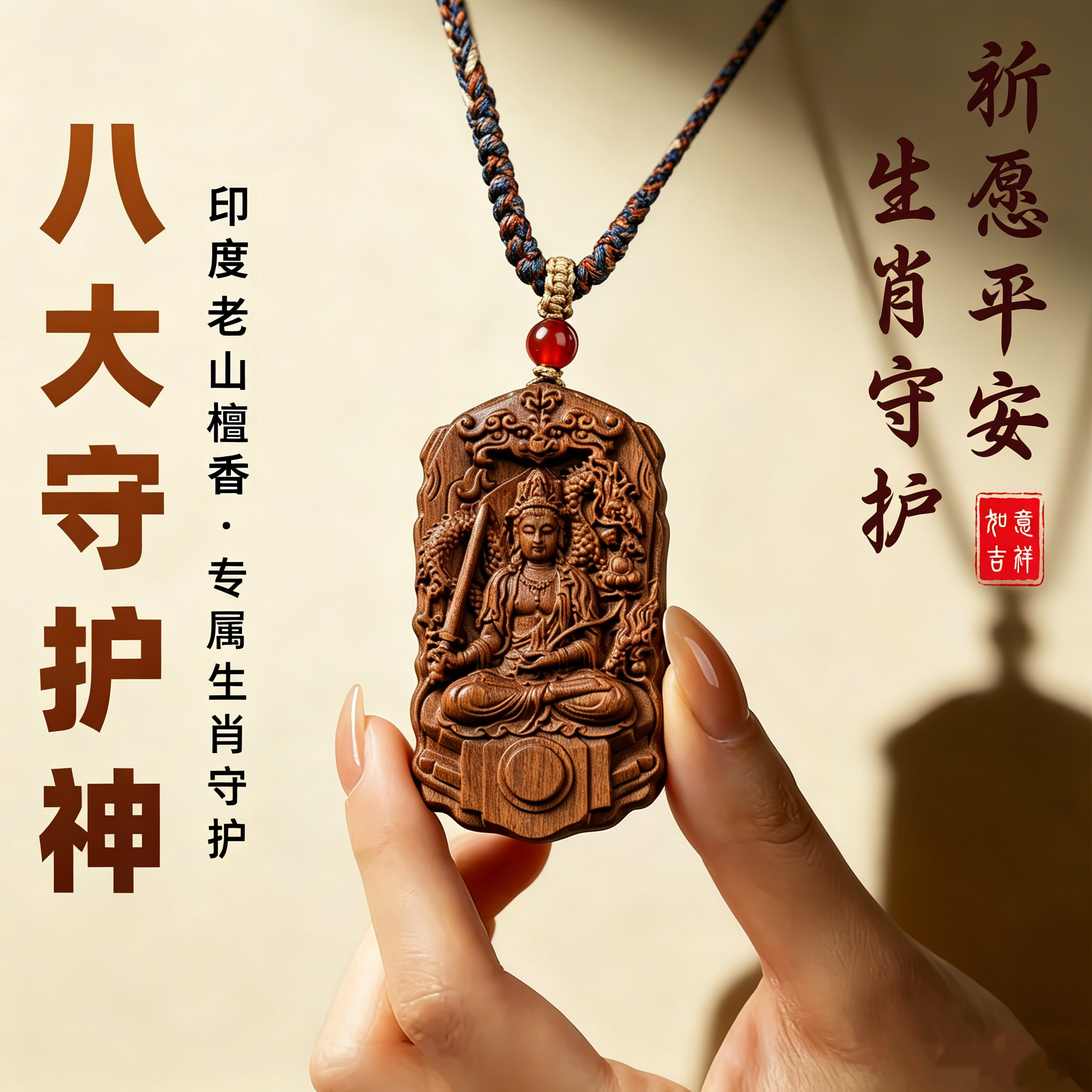【平安守护】印度老山檀香吊坠男女款本命佛牌八大守护神福运挂件