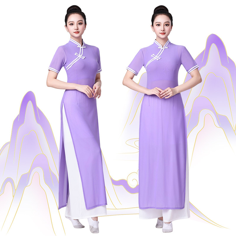 紫色禅服奥黛旗袍练功服形体服走秀弹力纱舞台中国风团体舞蹈演出