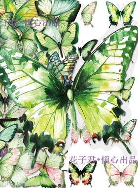 100张绿色蝴蝶PET贴纸ins风小清新高颜值少女心精美手帐素材贴画