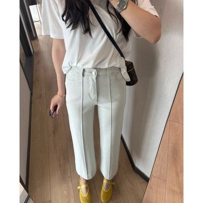 四面弹高腰小个子八分白色牛仔裤
