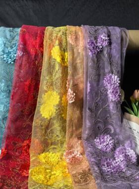 立体盘花绣面料 同色网布亮片布料 礼服婚纱古装舞台表演服装面料