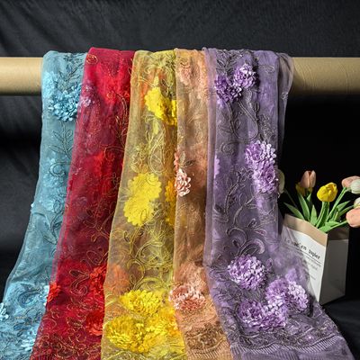 立体盘花绣面料 同色网布亮片布料 礼服婚纱古装舞台表演服装面料