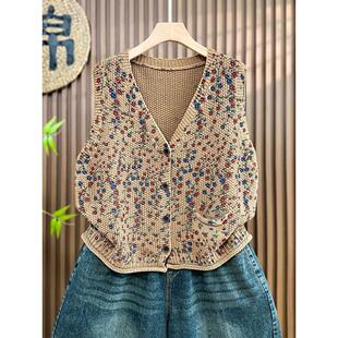 超火~大码印花秋冬短款开衫针织马甲女时髦马夹无袖背心坎肩罩衫
