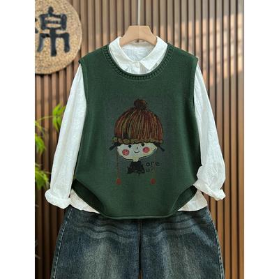 超火穿搭~大码印花女针织棉马甲秋冬宽松马夹无袖背心坎肩上衣