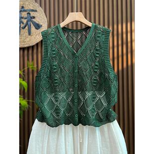 超火~透气镂空竹节麻针织开衫无袖马甲新款夏季薄款女短款外搭