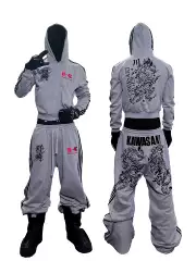 *RYE CHASIN "Kawasaki" Tiger Embroidery Rampage Three Bar Iron Grey Sweatshirt and Pants Racing Sport Set