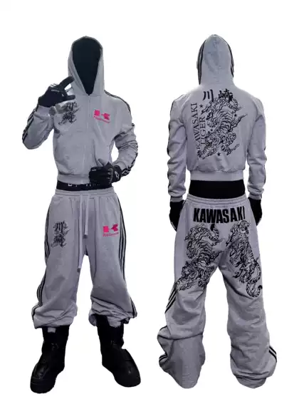 *RYE CHASIN "Kawasaki" Tiger Embroidery Rampage Three Bar Iron Grey Sweatshirt and Pants Racing Sport Set